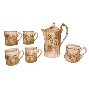 Vtg NIPPON Teapot & Cups Tea Set w/ Mustache Cup Wild Rose Floral Hand Painted